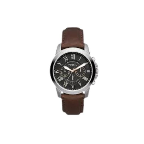 Reloj Fossil FS4813 con esfera negra con detalles dorados y tres subesferas, sobre correa de cuero marrón, visto de frente