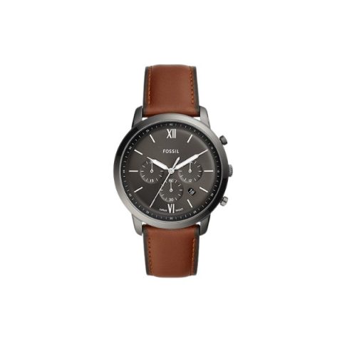 Reloj Fossil FS512 con caja gris humo, esfera gris de números romanos y correa de cuero marrón, visto de frente
