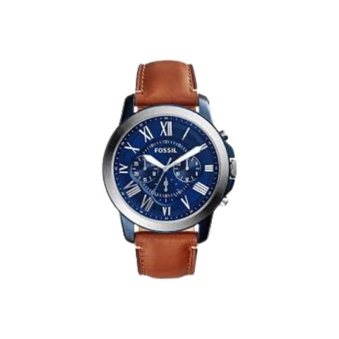 Reloj Fossil FS5151 con caja azul, esfera azul de tres subesferas y correa de cuero camel, visto de frente