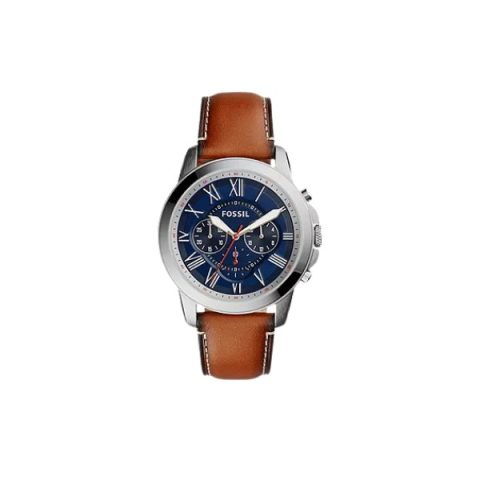 Reloj Fossil FS5210 con esfera azul de tres subesferas y correa de cuero camel, visto de frente
