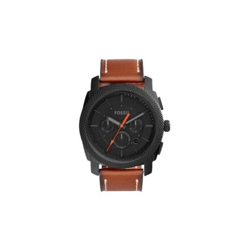 Reloj Fossil FS5234 con caja negra, esfera negra con segundero naranja y correa de cuero marrón, visto de frente