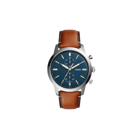 Reloj Fossil FS5279 con esfera azul de tres subesferas y correa de cuero camel, visto de frente