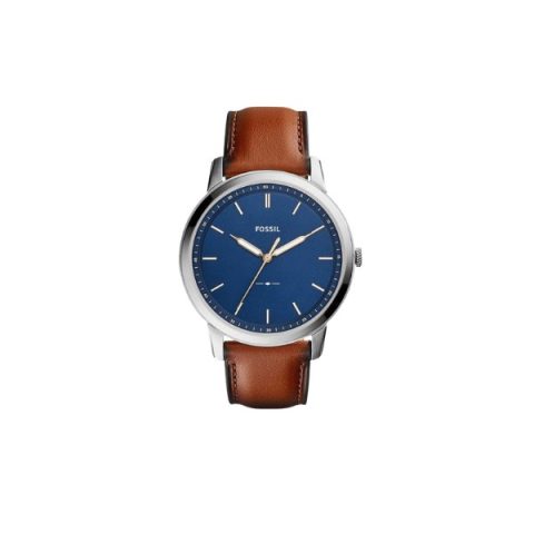 Reloj Fossil FS5304 con caja plana, esfera azul de índices lisos y correa de cuero camel, visto de frente