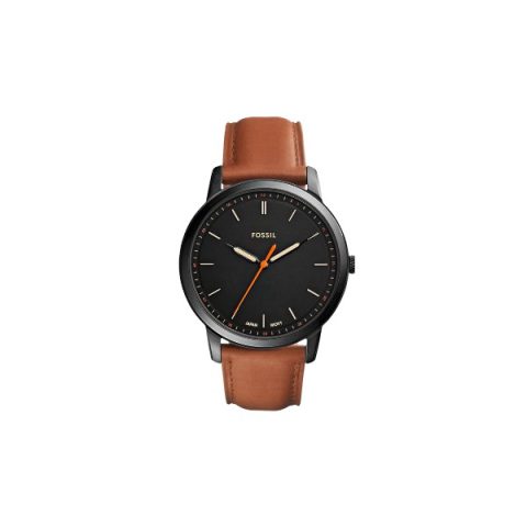 Reloj Fossil FS5305 con caja negra, esfera negra con segundero naranja y correa de cuero camel, visto de frente