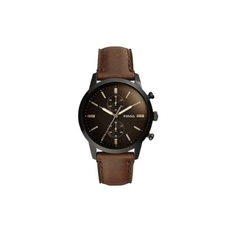 Reloj Fossil FS5437 con caja negra, esfera marrón de tres subesferas y correa de cuero marrón, visto de frente