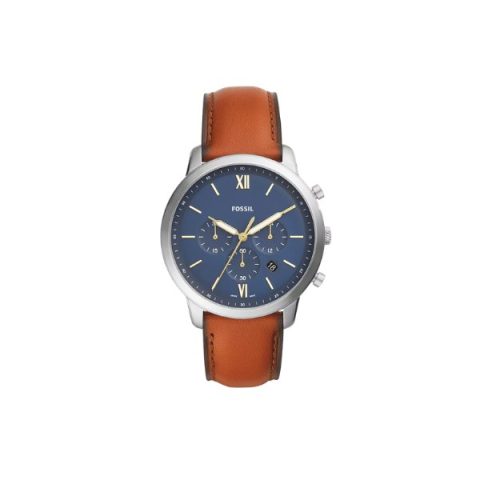Reloj Fossil FS5453 con esfera azul de números romanos y tres subesferas, sobre correa de cuero camel, visto de frente
