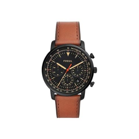 Reloj Fossil FS5501 con caja negra, bisel con escala taquimétrica y correa de cuero camel, visto de frente