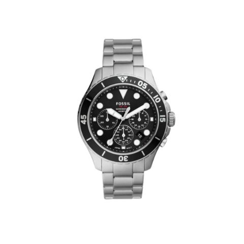 Reloj Fossil FS5725 con esfera negra, bisel giratorio negro y brazalete de acero, visto de frente
