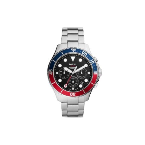Reloj Fossil FS5767 con esfera negra, bisel giratorio azul y rojo y brazalete de acero, visto de frente