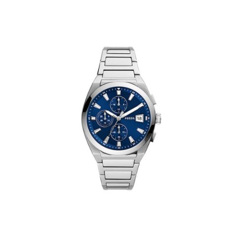 Reloj Fossil FS5795 con esfera azul texturizada de tres subesferas y brazalete de acero, visto de frente