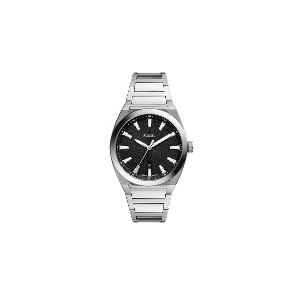 Reloj Fossil FS5821 con esfera negra texturizada con fecha y brazalete de acero, visto de frente