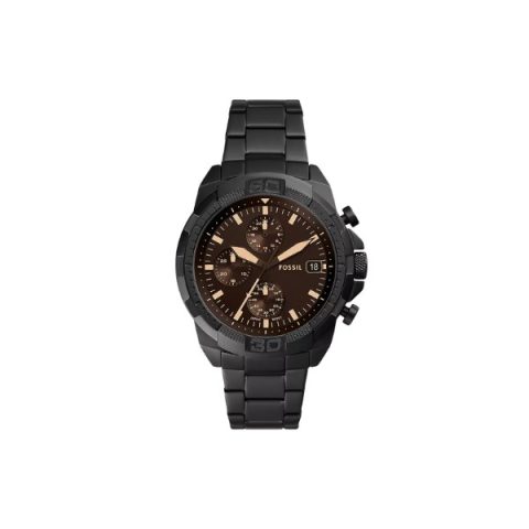 Reloj Fossil FS5851 con caja negra, esfera marrón de tres subesferas y brazalete negro, visto de frente