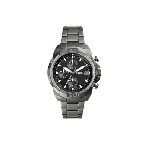 Reloj Fossil FS5852 con caja gris grafito, esfera negra de tres subesferas y brazalete a juego, visto de frente