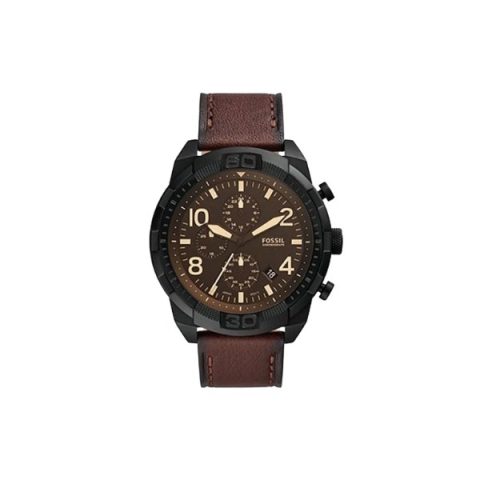 Reloj Fossil FS5875 con caja negra, esfera marrón con números dorados y correa de cuero marrón, visto de frente