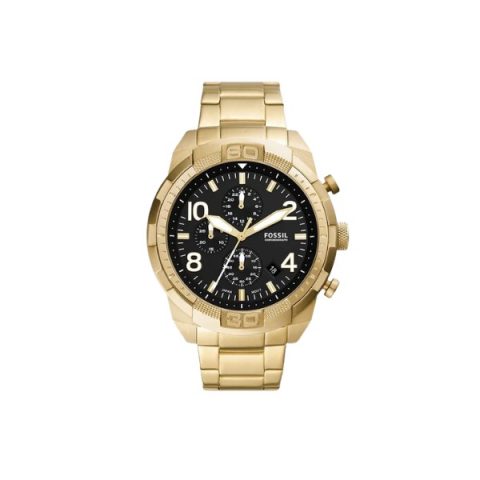 Reloj Fossil FS5877 con caja y brazalete dorados con esfera negra y números dorados, visto de frente