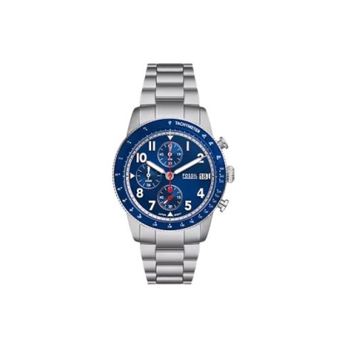 Reloj Fossil FS6047 con esfera azul con bisel taquimétrico y brazalete de acero, visto de frente