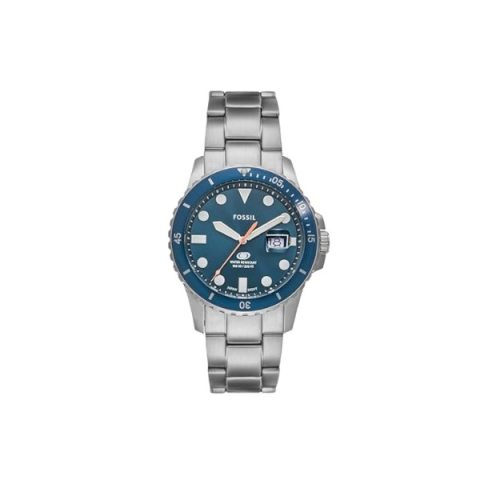 Reloj Fossil FS6050 con esfera azul, bisel giratorio azul y brazalete de acero, visto de frente