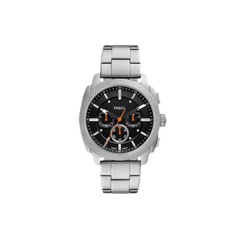 Reloj Fossil FS6095 con esfera negra con detalles naranjas, bisel estriado y brazalete de acero, visto de frente