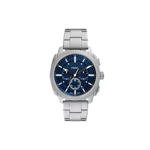 Reloj Fossil FS6096 con esfera azul texturizada, bisel estriado y brazalete de acero, visto de frente