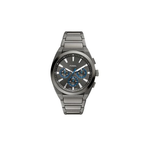 Reloj Fossil FS6107 con caja gris grafito, esfera gris con subesferas azules y brazalete a juego, visto de frente
