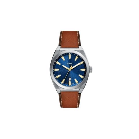 Reloj Fossil FS6115 con esfera azul texturizada con índices dorados y correa de cuero camel, visto de frente