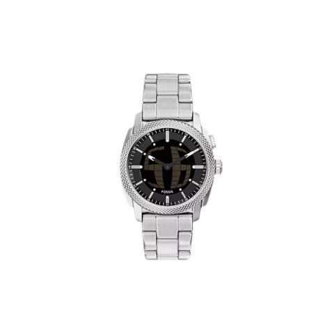 Reloj Fossil FS6155 con esfera negra con el globo terráqueo grabado y brazalete de acero, visto de frente