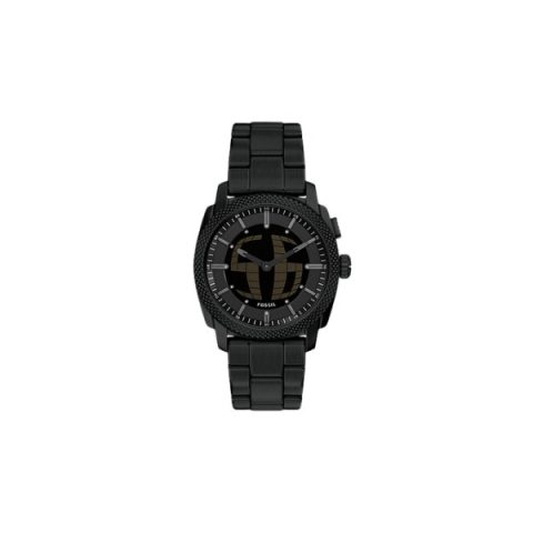 Reloj Fossil FS6156 con caja, esfera y brazalete negros, con el globo terráqueo grabado, visto de frente