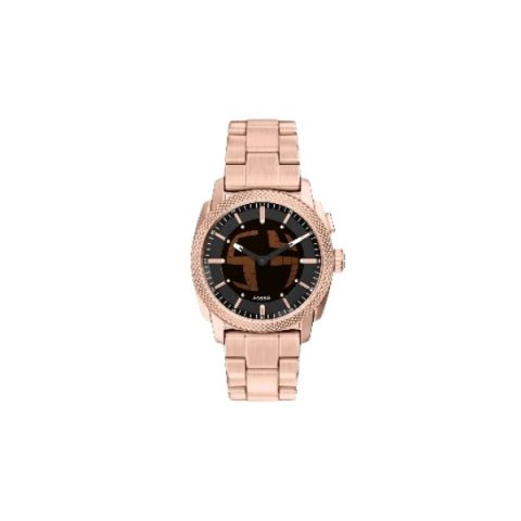Reloj Fossil FS6158 con caja y brazalete en oro rosado, con el globo terráqueo grabado en la esfera, visto de frente