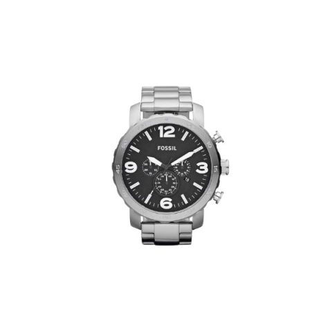 Reloj Fossil JR1353 con esfera negra de números grandes, bisel estriado y brazalete de acero, visto de frente