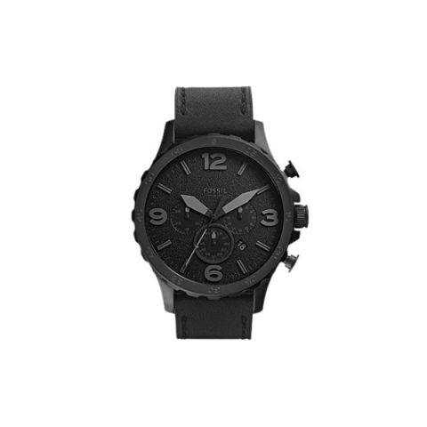 Reloj Fossil JR1354 con caja negra, esfera negra de números grandes y correa de cuero negro, visto de frente