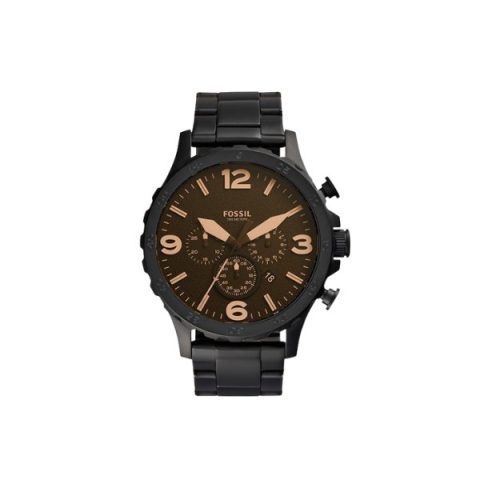 Reloj Fossil JR1356 con caja negra, esfera marrón con números en oro rosado y brazalete negro, visto de frente