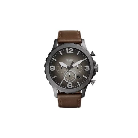 Reloj Fossil JR1424 con caja gris grafito, esfera gris degradada y correa de cuero marrón, visto de frente