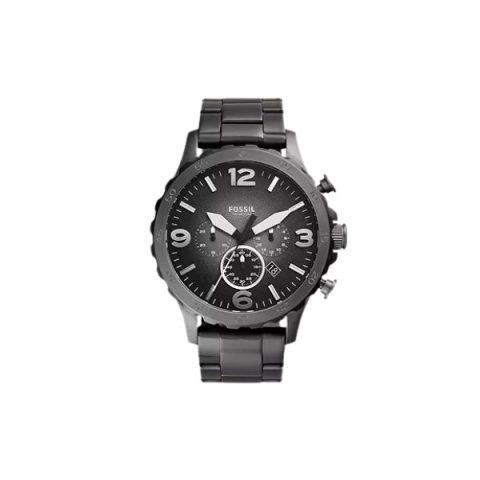 Reloj Fossil JR1437 con caja gris grafito, esfera negra de números grandes y brazalete a juego, visto de frente