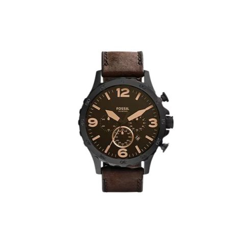 Reloj Fossil JR1487 con caja negra, esfera marrón con números en oro rosado y correa de cuero marrón, visto de frente