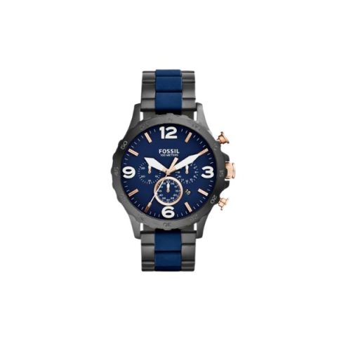 Reloj Fossil JR1494 con caja gris grafito con detalles en oro rosado y brazalete bicolor azul y gris, visto de frente