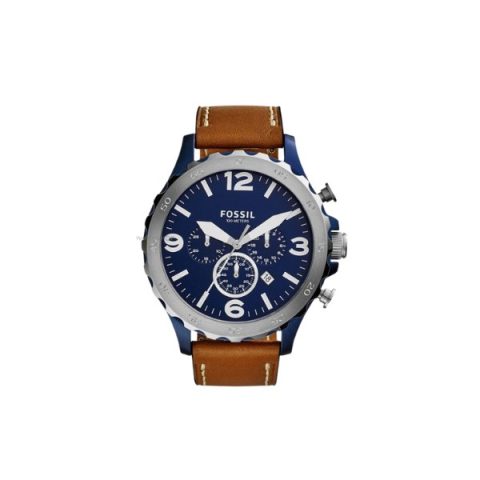Reloj Fossil JR1504 con caja azul, bisel de acero, esfera azul y correa de cuero camel, visto de frente