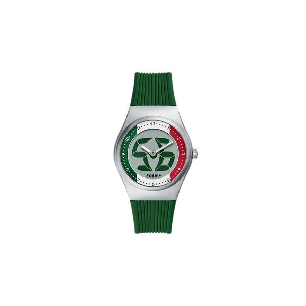 Reloj Fossil LE1236 con caja pequeña de acero, esfera con el logo FS y correa de silicona verde, visto de frente