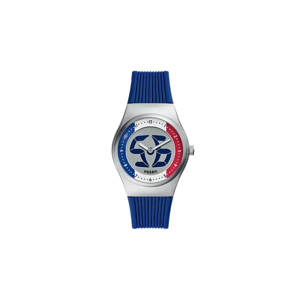 Reloj Fossil LE1237 con caja pequeña de acero, esfera con el logo FS y correa de silicona azul, visto de frente
