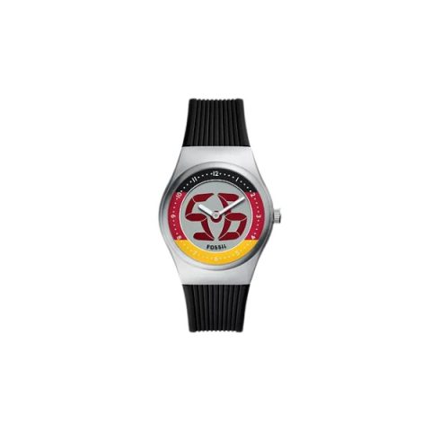Reloj Fossil LE1239 con caja pequeña de acero, esfera con el logo FS y correa de silicona negra, visto de frente