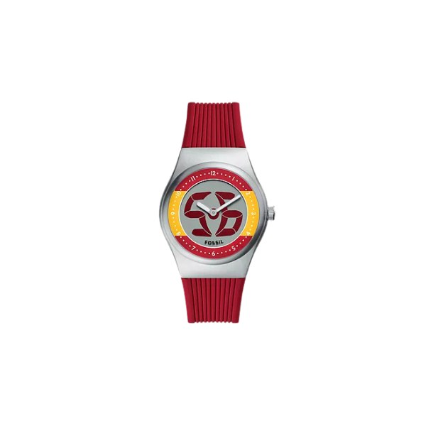 Reloj Fossil LE1242 con caja pequeña de acero, esfera con el logo FS y correa de silicona roja, visto de frente
