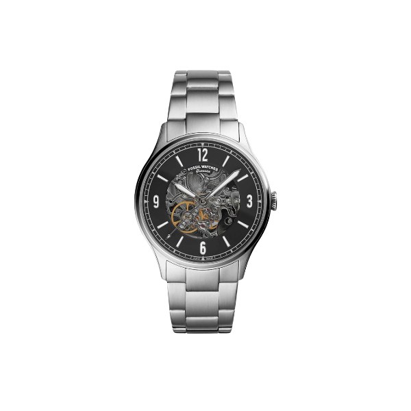 Reloj Fossil ME3180 con esfera negra calada que deja ver el mecanismo y brazalete de acero, visto de frente