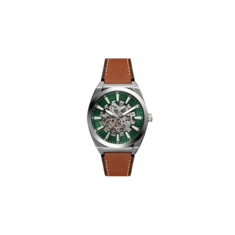 Reloj Fossil ME3261 con esfera verde calada que deja ver el mecanismo y correa de cuero camel, visto de frente