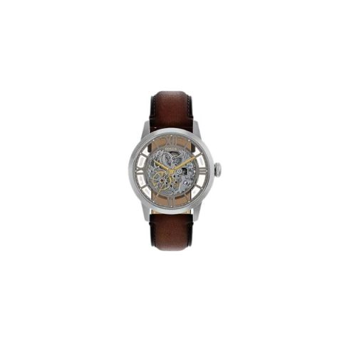 Reloj Fossil ME3270 con esfera calada de números romanos que deja ver el mecanismo y correa de cuero marrón, visto de frente