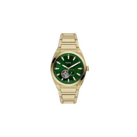 Reloj Fossil ME3276 con caja y brazalete dorados, esfera verde con ventana sobre el mecanismo, visto de frente