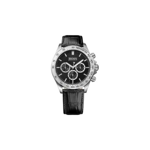 Reloj Hugo Boss Ikon 1513178 con esfera negra y correa de cuero negro, visto de frente