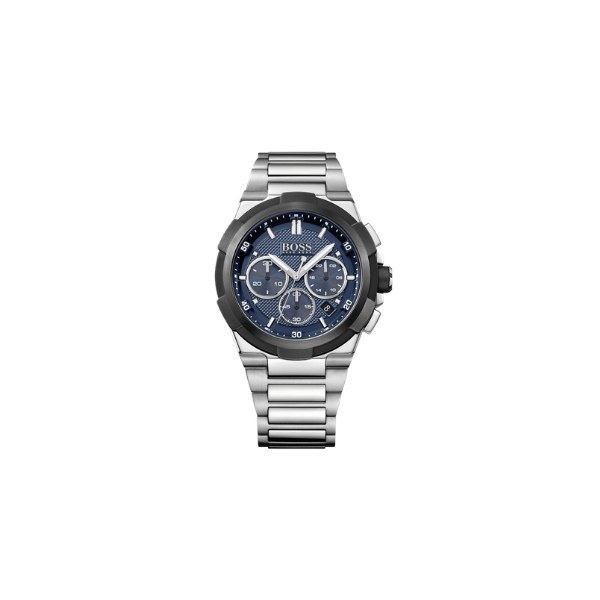 Reloj Hugo Boss Supernova 1513360 en acero con bisel negro y esfera azul, visto de frente