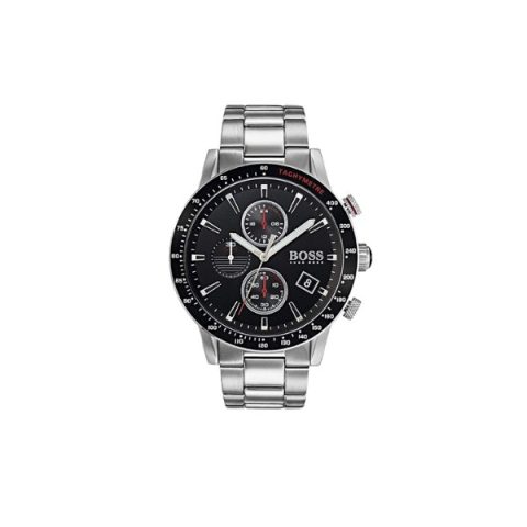 Reloj Hugo Boss Rafale 1513509 en acero con esfera negra y detalles rojos, visto de frente