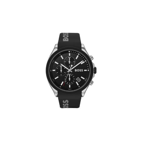 Reloj Hugo Boss Velocity 1513716 negro con correa de silicona y logo BOSS, visto de frente