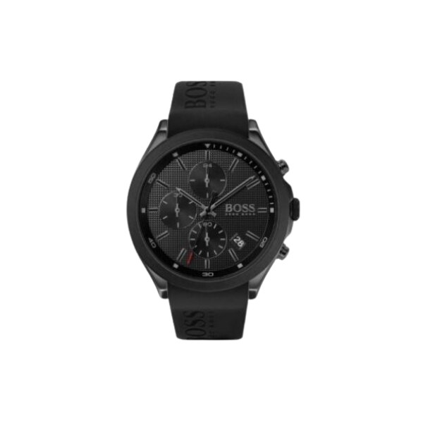 Reloj Hugo Boss Velocity 1513720 negro con caja y correa de silicona negras, visto de frente
