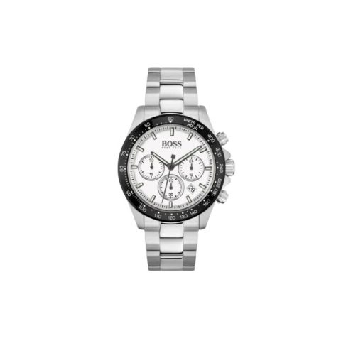 Reloj Hugo Boss Hero 1513875 en acero con esfera blanca y bisel negro, visto de frente